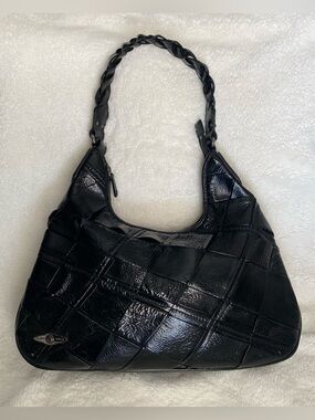 Elliott Lucca Woven Patent Pig Leather Black Shoulder Bag Silver Hardware READ